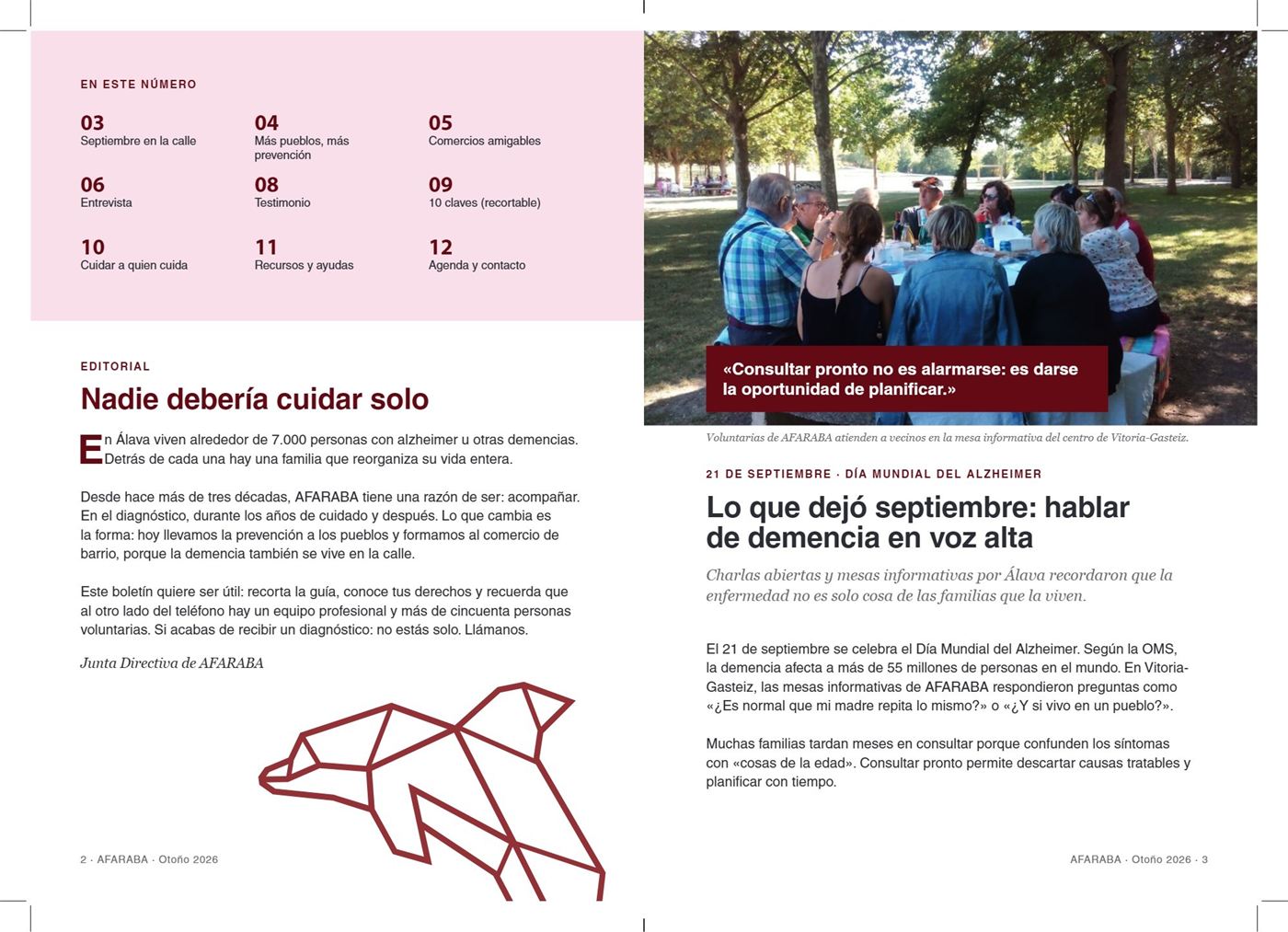 Doble página del boletín con editorial y reportaje