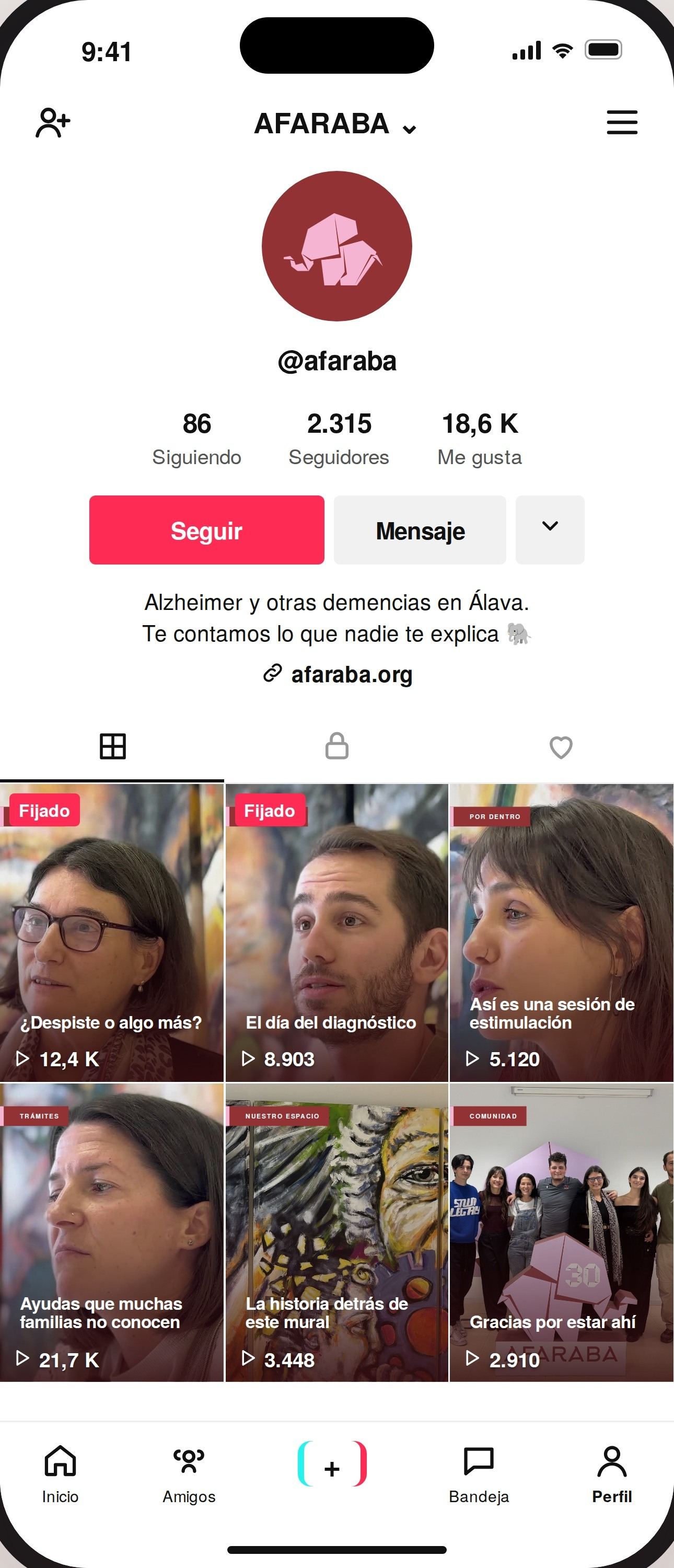 Perfil de TikTok con vídeos testimonio