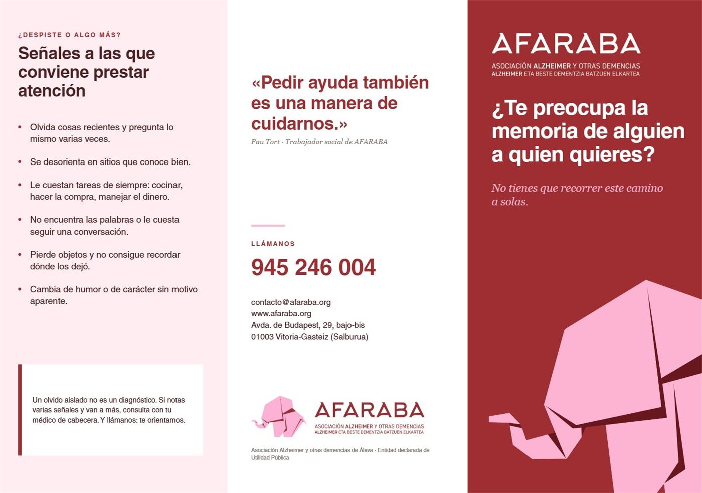 Exterior del tríptico: señales de alerta, contacto y portada con el elefante
